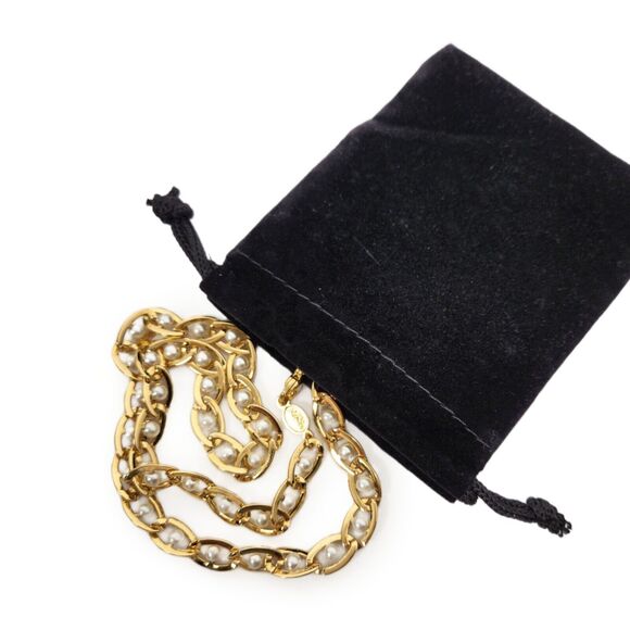 Vtg Signed Napier Caged Faux Pearl and Gold Tone Link Chain Classy Necklace - Picture 2 of 8